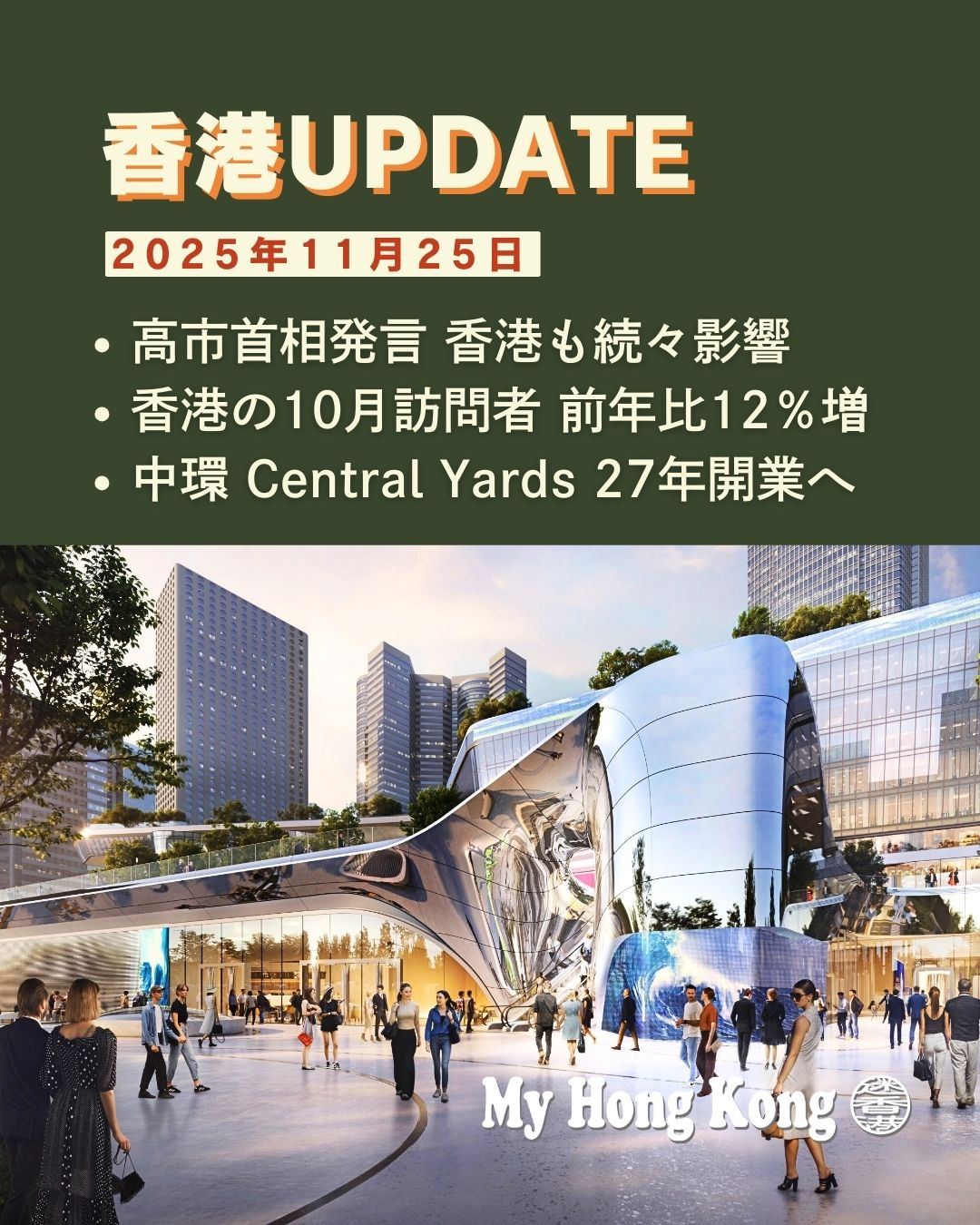 【 #香港UPDATE 】最新ニュースまとめ！
 
現在、高市首相の台湾有事に関する発言を巡り、中国・香港と日本との間で外交的な緊張が高まっています。
❌ 交流停止が多発
香港政府高官との公的な面会キャンセルや、企業交流イベントの延期が決定。
✈️ 日本旅行にも影響
中国側の渡航自粛呼びかけを受け、キャセイ航空が日本行きフライトについて手数料なしでの日程変更措置を発表。
📈 観光回復は好調
一方で、香港の観光客数は堅調！10月の訪問者数は約460万人に達し、前年比12%増と力強い回復を見せています。
🏙️ 未来のランドマーク
セントラルのハーバーフロントには、巨大複合開発プロジェクト「Central Yards」が2027年開業予定。

https://my-hkg.com/hkupdate_251125/

#HongKong #香港 #MyHongKong #迷香港 #香港ライフ #日中関係 #高市早苗 #キャセイ航空 #旅行情報 #フライトキャンセル #観光客増加 #インバウンド #CentralYards #新開発 #セントラル #香港経済 #外交問題 #イベント中止 #香港旅行 #アジア情勢