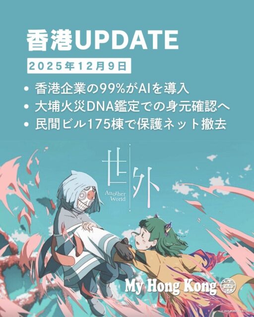 【 #香港UPDATE 】12月9日のニュースまとめ🇭🇰
今週の香港の動きをピックアップしてお届けします。
🤖 99%がAI導入 企業のほぼ全てが導入済。採用は学歴よりAIスキル重視へ。
🚒 大埔火災、DNA鑑定へ 身元確認開始。重体者は全員脱し、寄付金は33億ドル到達。
🏗️ ビル175棟でネット撤去 火災を受け、外壁工事中の安全対策が完了。
💄 @cosme旗艦店オープン 尖沙咀に海外初店舗。AI香り診断など体験型も。
🏆 日港合作アニメが受賞 『Another World』が台湾・金馬奨で最優秀長編アニメ賞。
https://my-hkg.com/hkupdate_251209/
#HongKong #香港 #MyHongKong #迷香港 #香港ライフ #香港ニュース #香港情報 #AI活用 #大埔 #宏福苑 #アットコスメ #尖沙咀 #チムサーチョイ #コスメ好きさんと繋がりたい #金馬奨 #AnotherWorld #世外 #デジタルハリウッド #西條奈加 #香港映画