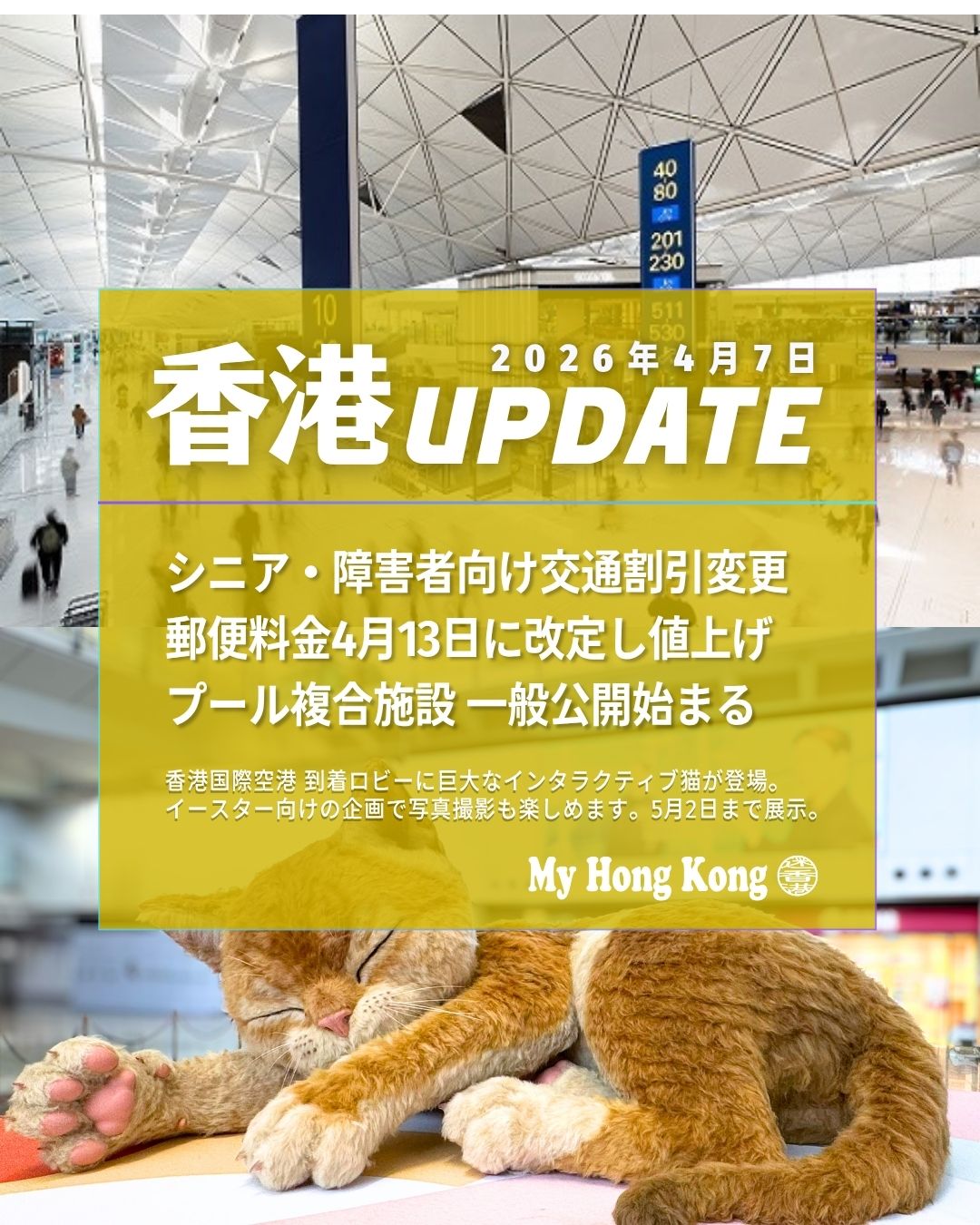 【香港UPDATE｜2026年4月7日】🇭🇰✨
今週の香港ニュースをまとめてチェック！

🔹主なトピック
•	👵👨‍🦽 シニア・障害者向け交通割引が変更 
大人運賃10HKD超は2割負担に。
•	📮 郵便料金が4月13日から値上げ 
香港域内・海外宛ともに改定。
•	🏊‍♂️ 公共プール44施設が一般公開開始 
温水プールは4/1〜15、通常プールは4/16〜。
•	🐱 空港に巨大インタラクティブ猫が登場 
到着ロビーで撮影OK。5月2日まで展示。
•	🎬 映画チケット一律30HKD「全港戲院日」 
4月25日、全映画館で特別価格に。
•	✈️ 空港ターミナル2が2026年5月27日稼働 
15社が段階的にT2へ移転予定。

🔗 詳細はこちらからチェック
👉 https://my-hkg.com/