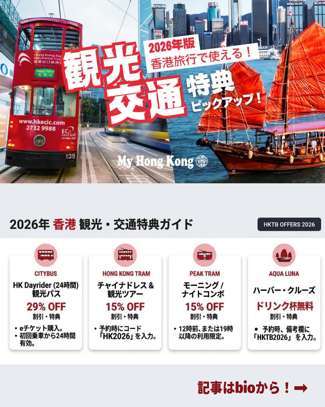 香港旅行を“ちょっとお得に”楽しむなら香港政府観光局の特典を要チェック✈️移動も観光もアップグレードできる限定オファーをまとめました✨

 ・Citybus HK Dayrider 🚌
24時間乗り放題パスが29％オフ！主要スポットを効率よく回れる。

・ 香港トラム Qipaoパス 🚋
チャイナドレスで乗車＆TramOramicツアーが15％オフ。写真映え抜群です♪

・ピークトラム コンボ 🌃 
朝は空いている時間帯、夜は夜景とセットで15％オフ。

・ アクアルナ クルーズ 🚢
赤い帆の船で夜景を満喫、ドリンク1杯無料サービス付き。

・ 中国本土行きバス 🚌
深圳・広州方面へHK$10バウチャーでお得に移動。

👉 詳しくは My Hong Kongホームページからチェックしてください！
🔗 Bioにもリンクがあります♪

#HongKong #香港 #MyHongKong #迷香港 #香港ライフ