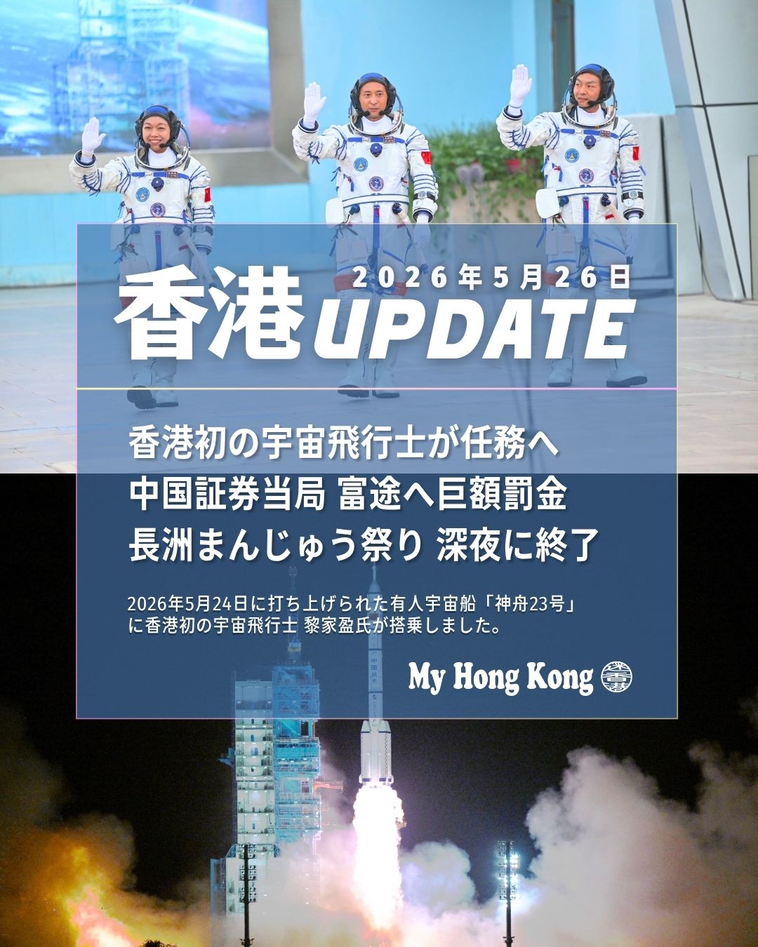 【香港UPDATE 5/26】🚀

•	🧑‍🚀 香港初の宇宙飛行士が宇宙へ！ 
香港出身の黎家盈さんが「神舟23号」に搭乗。香港科技大の研究装置MUSICOを宇宙で運用する歴史的ミッションに参加。
•	💸 中国証券当局、富途に巨額制裁 
無許可営業で約23億元の罰金と没収処分。米市場で株価が急落し、創業者も巨額損失。
•	🏔️ 長洲まんじゅう祭り、熱戦の末に新王者誕生！ 
1,650人が見守る中、まんじゅうタワーを登ってポイントを競う伝統行事。男女それぞれ新チャンピオンが誕生。
•	❤️ 李嘉誠基金、肝臓がん患者200名に新治療支援 
切開不要の「ヒストトリプシー」治療を追加し、5万HKDで受けられる支援プログラムを開始。
•	📈 IMF、香港の金融システムを高評価 
経済回復は予想以上、金融市場の強さを指摘。一方で少子高齢化や不動産低迷など課題も。
•	🛍️ パークン×ウェルカム、合併計画は否定 
CKホールディングスの頼偉明氏が「現時点で計画なし」と明言。
詳しくは👇
https://my-hkg.com/
#HongKong #香港 #MyHongKong #迷香港 #香港ライフ