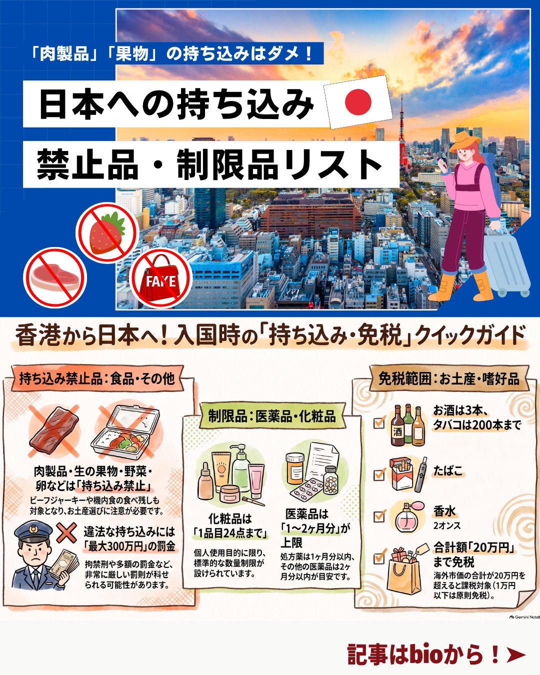 ✈️ 日本への持ち込み禁止・制限品まとめ
旅行や一時帰国のとき、知らずに持ち込んでしまうと“罰則対象”になるものも。
果物・肉製品・乳製品などの食品から化粧品・薬の数量制限、免税範囲まで、旅行前に必ずチェックしておきたい最新ポイントをまとめました!
📌 持ち込み禁止品(絶対NG)
🍎 果物・野菜
🍖 肉・肉製品(生・冷凍・加熱済みすべてNG)
🥛 乳製品
🥚 卵
🌰 生ナッツ類(チョココーティングはOK)
👜 模倣品
💊 禁止薬物
🔫 武器類
⚠️ 違法持ち込みは最大「3年以下の拘禁刑 or 300万円以下の罰金」
機内食の残りも対象なので注意!
📌 化粧品・薬の持ち込み制限
💄 化粧品:1品目24点まで
💊 毒薬・劇薬・処方薬:1ヶ月分
🩺 その他医薬品:2ヶ月分
📌 免税範囲(酒・たばこ・香水)
🍷 酒類:760ml × 3本
🚬 紙巻たばこ:200本
🔥 加熱式たばこ:個装10個
💎 香水:2オンス
💰 20万円を超える品は課税対象
1品目1万円以下は原則免税。
📌 香港→日本も要注意!
香港で買った食品・薬・お土産も規制対象になることがあります。
厳罰対象もあるため、渡航前に必ず最新情報をチェックしてください。
👉 詳細は My Hong Kong にまとめています♪
https://my-hkg.com/
👉 Bioにもリンクがあります!
#HongKong #香港 #MyHongKong #迷香港 #香港ライフ