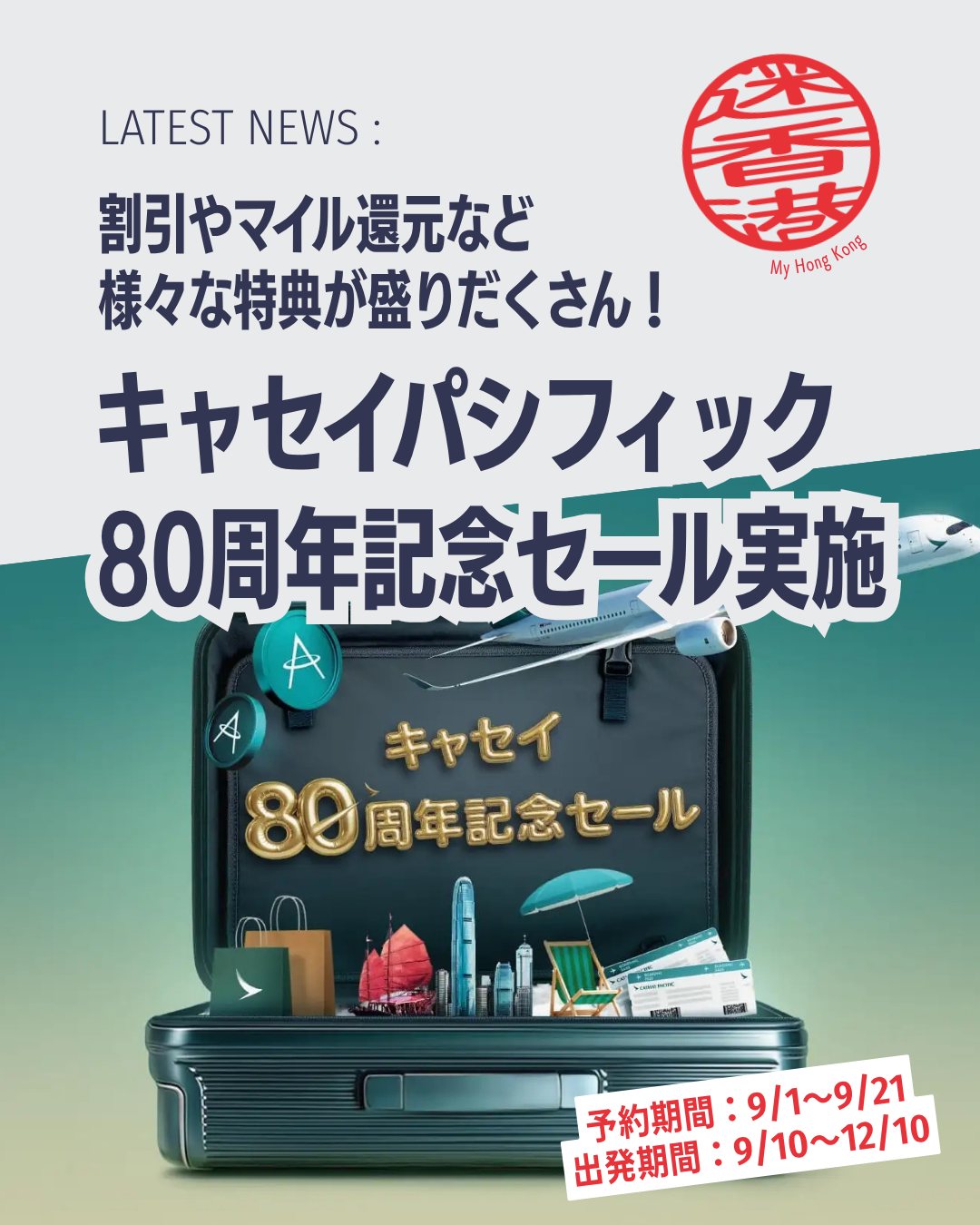 ✈️✨キャセイパシフィック航空が創立80周年を記念して公式サイト限定の「創立80周年記念セール」を開始しました！テーマは「80 Years Together」。特別塗装機やラウンジリニューアルに加え、航空券割引やマイル特典など盛りだくさんです!!

📌 セール概要
🗓️ 予約期間：2026年9月1日〜21日

🛫 出発期間：2026年9月10日〜12月10日

🌍 対象都市：東京・大阪・名古屋・福岡・札幌＋共同運航便（仙台・小松・広島・高松・沖縄・石垣）

💰 割引内容：最大18％OFF（上限18,000円）

🎁 特典まとめ
🎟️ 香港行き18％OFF（コード：CX80JP184／先着180名）

🌐 香港以外18％OFF（コード：CX80JP1856／先着180名）

✈️ 全目的地8％OFF（コード：CX80JP8456／先着1,800名）

🎁 最大1,946ボーナスマイル進呈（新規会員・既存会員特典）

🎫 次回使える28％OFFコード（先着100名限定）

🛍️ キャセイショップ10％OFF

🏛️ 香港故宮文化博物館 特別入場券

👉 詳細は My Hong Kong でチェック！Bioのリンクからもアクセスできます✨

#HongKong #香港 #MyHongKong #迷香港 #香港ライフ